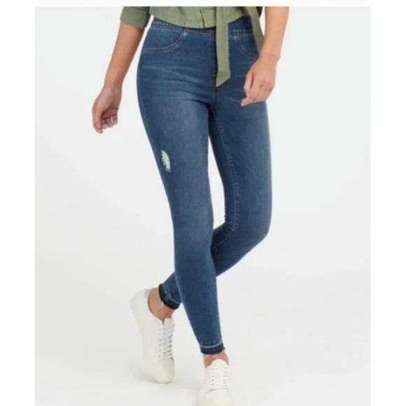 SPANX Distressed Skinny Pull On Elastic Waist Pants Raw Ankle Jeggings Jeans M - Picture 4 of 16